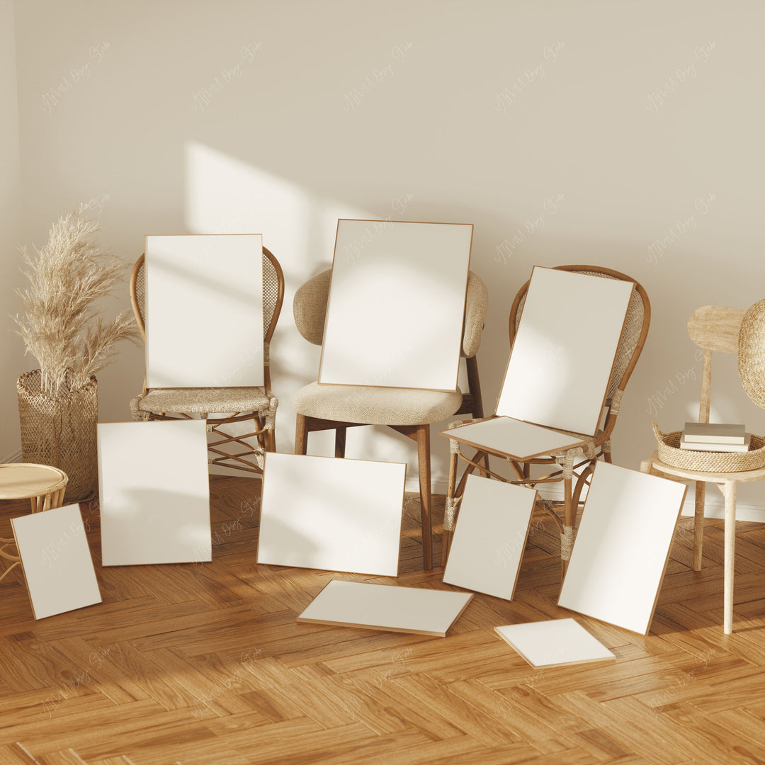 Frame Set Wood Mockup,11 Frames on Chair,5x7 Ratio,Art Print Mockup