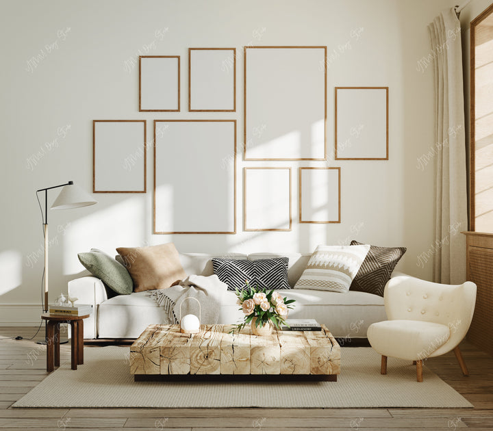 Gallery Wall Set Wood Frame Mockup,5x7 Ratio Art Print Mockup,8 Frames