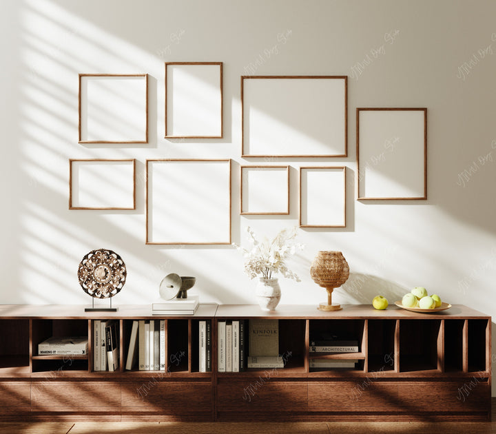 Gallery Wall Set Wood Frame Mockup,Art Print Mockup,8 Frames