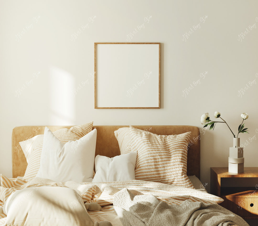 Square Wood Frame Mockup in Bedroom,Printable Art Mockup,Print Poster Mockup