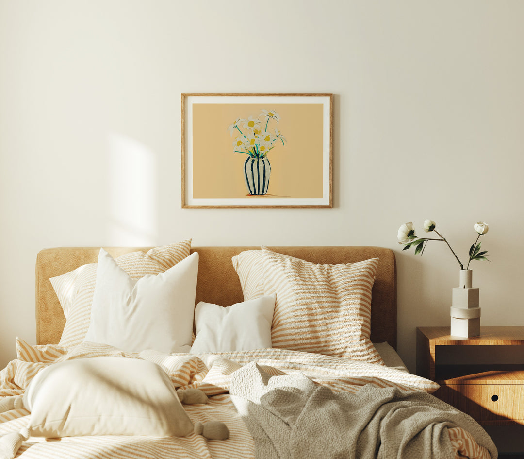 4x3 Wood Frame Mockup in Bedroom,Horizontal Frame Above Bed Mockup,Print Poster Mockup