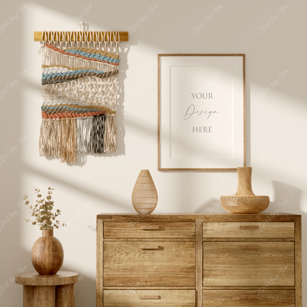 Free square wood frame mockup in living room for wall art preview