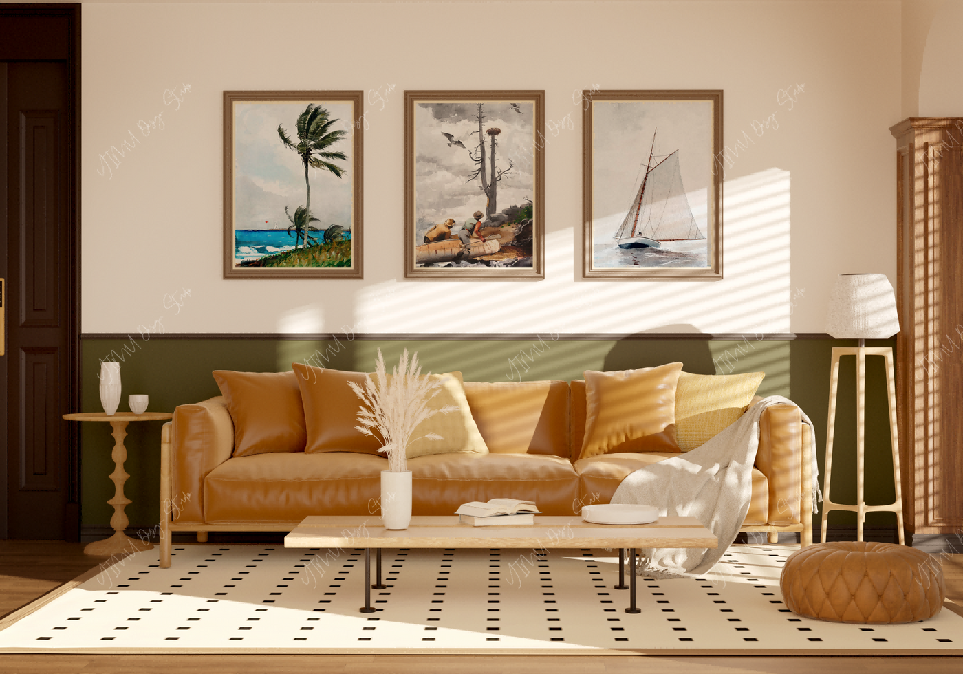 free living room wood frame mockup for wall art preview