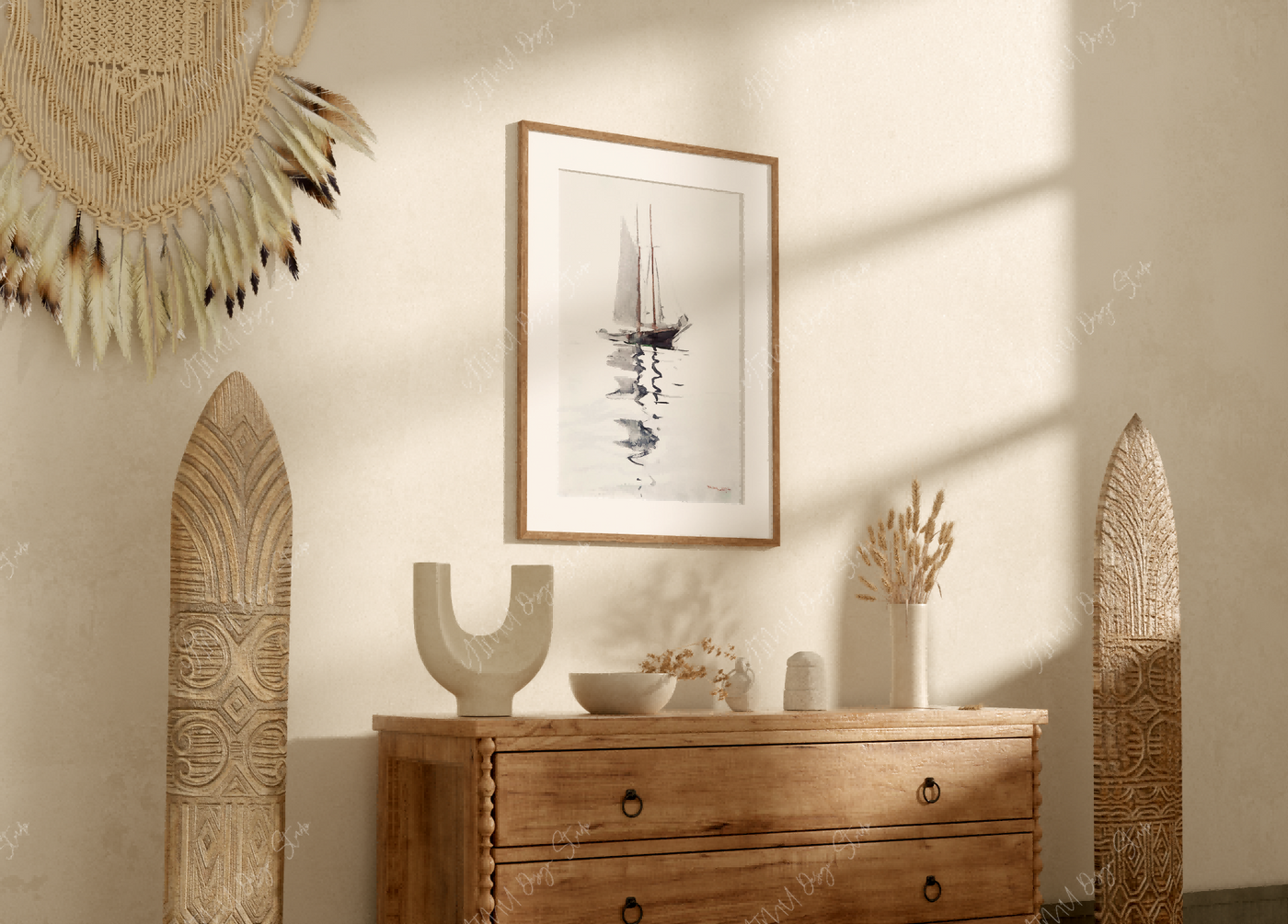 Free wood frame mockup in living room for art print and wall art preview