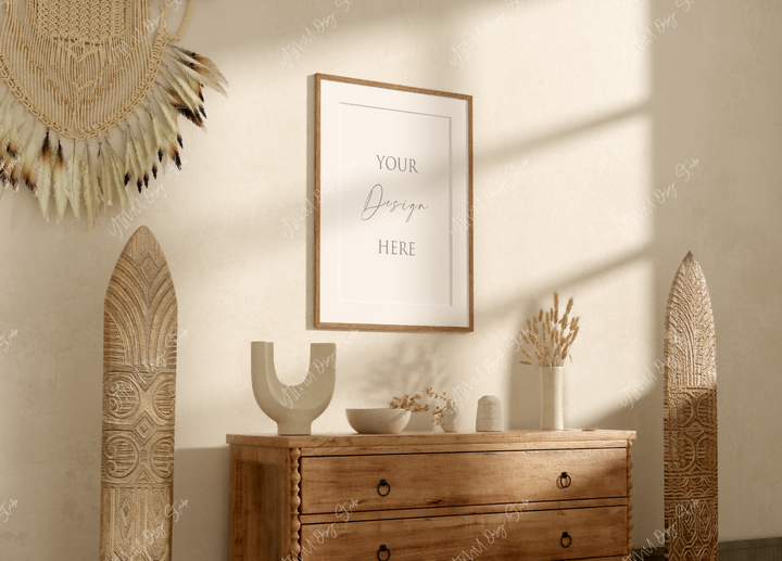 Wood Frame Mockup in Living Room,Art Print Mockup,Wall Art Mockup