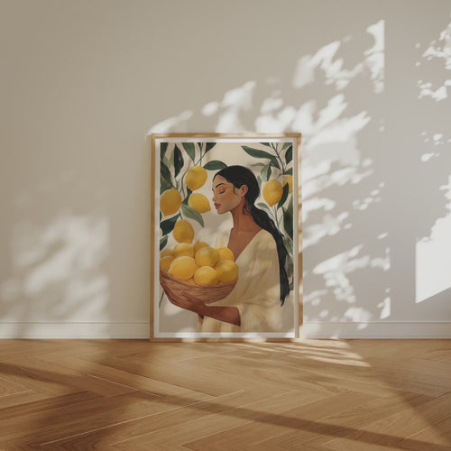 Animated 5x7 oak wood frame mockup in a sunlit minimalist room