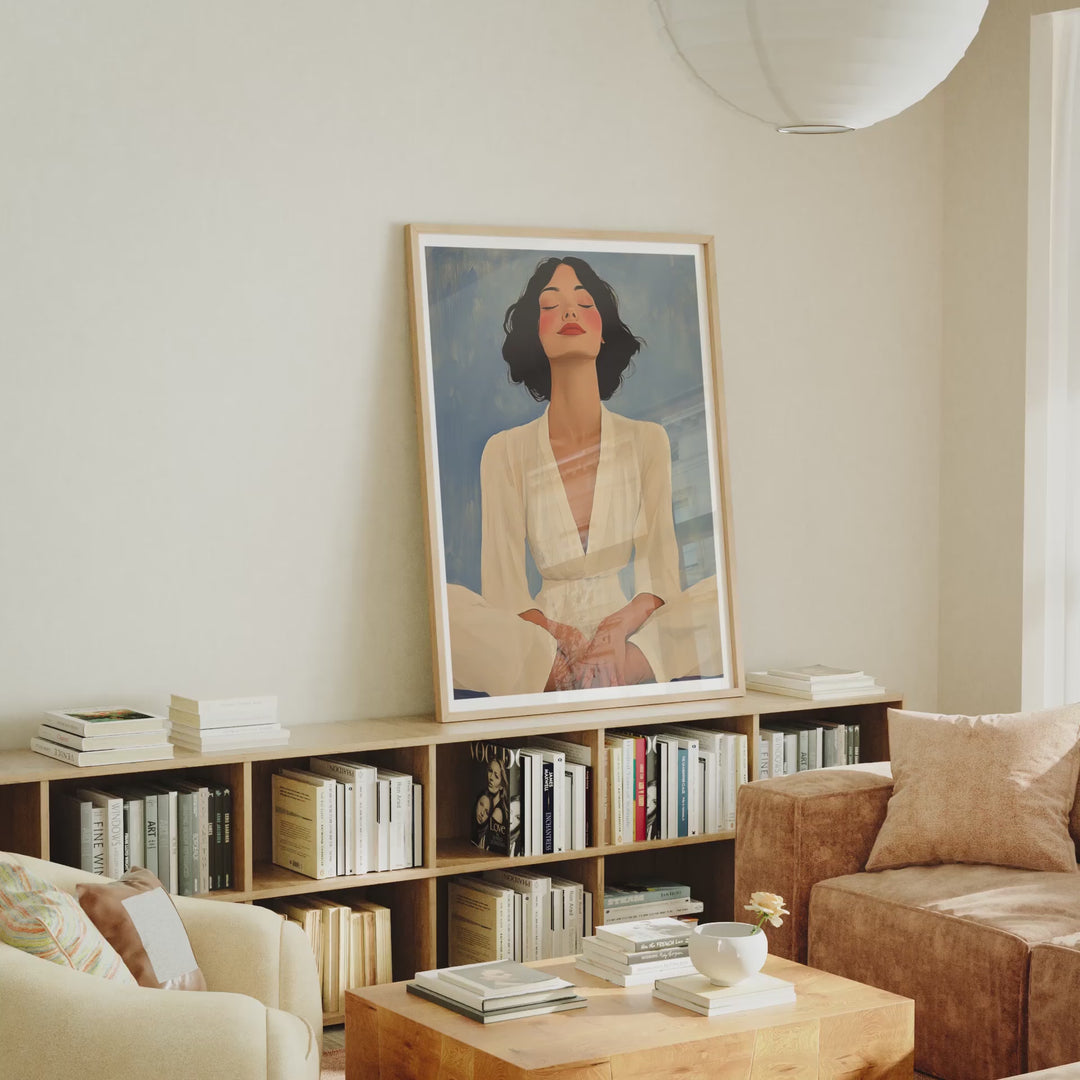 Animated 3x4 oak wood frame mockup with three camera angles in a Scandinavian living room