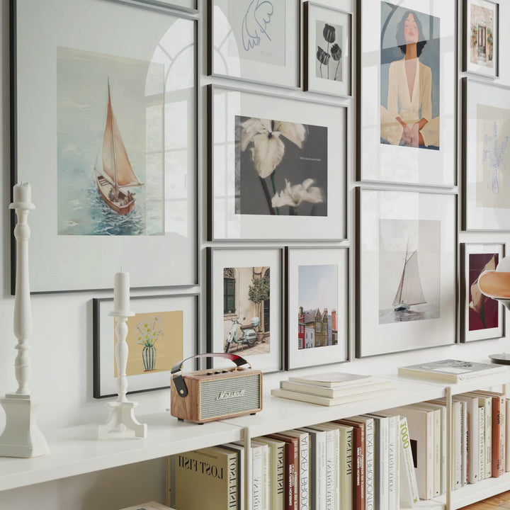Animated 13 black frame gallery wall mockup with white mats