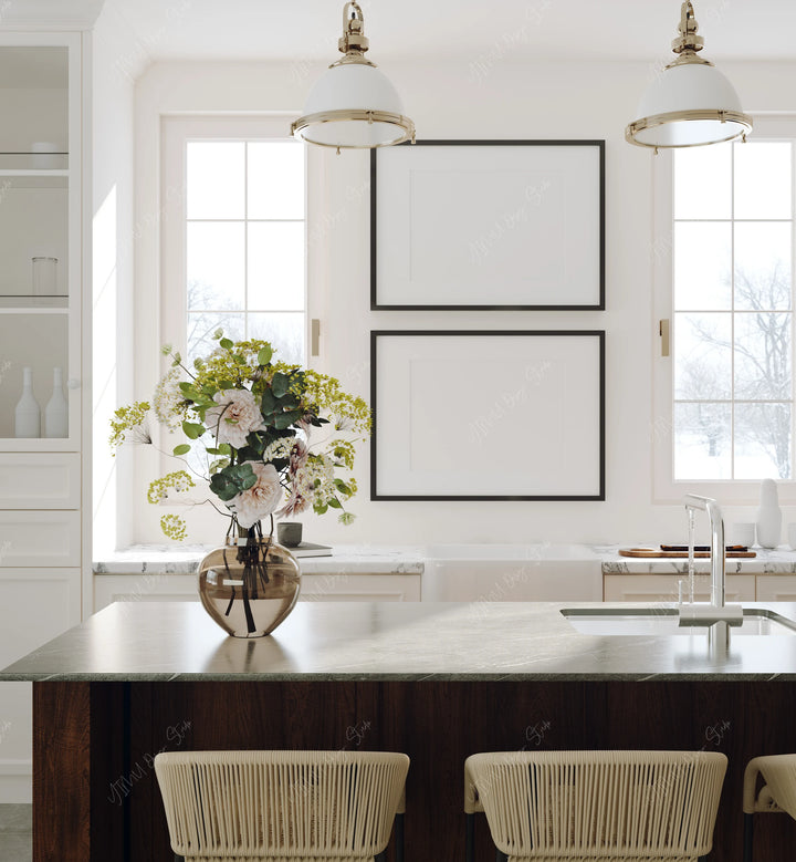 2 Horizontal Black Frame Mockup in Dining Room,7x5 Black Frame Mock-up,Wall Art Mockup,Digital Templates,Psd Smart Object