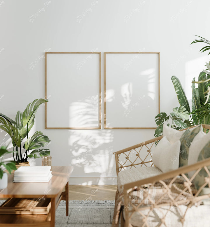 Set of 2 Wood Frame Mockups, 5x7 Art Print Display (PSD JPEG PDF)