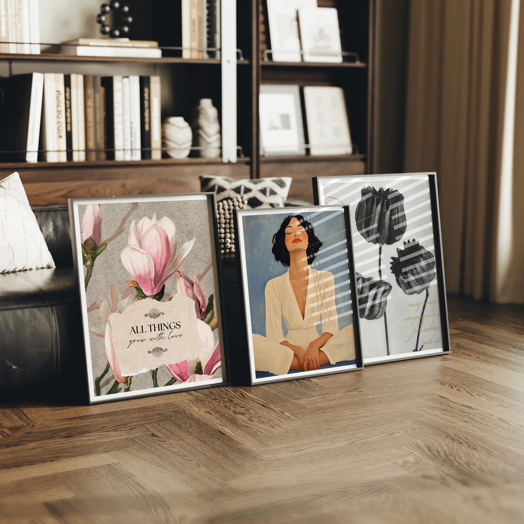 Set of 3 Black Frame Mockup in Living Room,3x4 Ratio,PSD