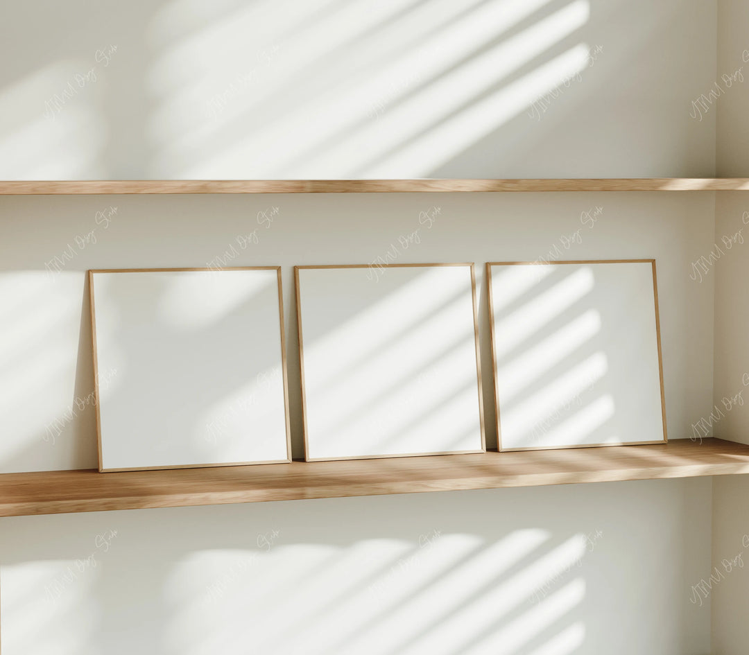 Set of 3 Square Wood Frame Mockup in Home Interior,Minimal Frame Set Mockups,Print Poster Mockup,Realistic Mockup,Photopea Psd Smart Object