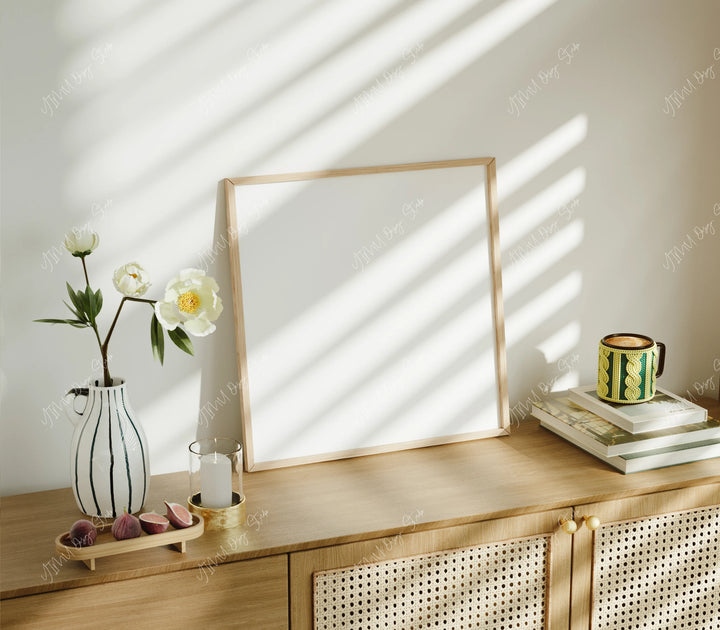 Square Wood Frame Mockup in Living room,Printable Art Mockup,Print Poster Mockup,PSD Photoshop Photopea Mockup Minimal Modern Home
