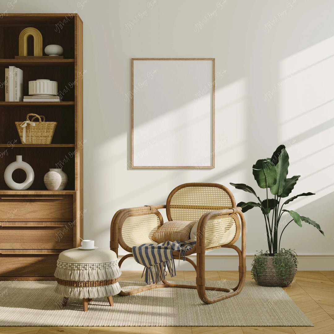 Vertical Wood Frame Mockup in Boho Reading Room - 3x4 Ratio - preview 5