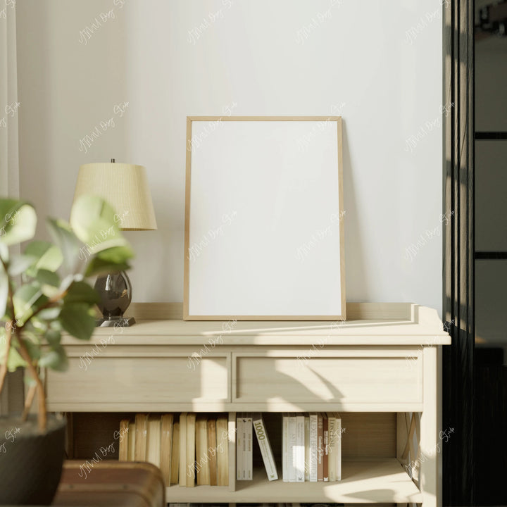 Vertical Wood Frame Mockup on Sunlit Console - 3x4 Ratio - preview 5
