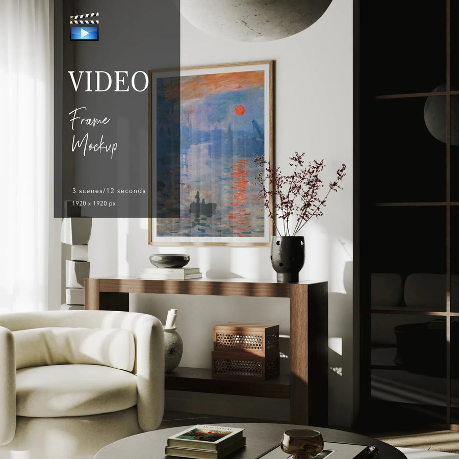 Animated Video Wood Frame Mockup | Vertical 3x4 Ratio | 3 Scenes Interior Mockup Video | Wall Art Mockup Video