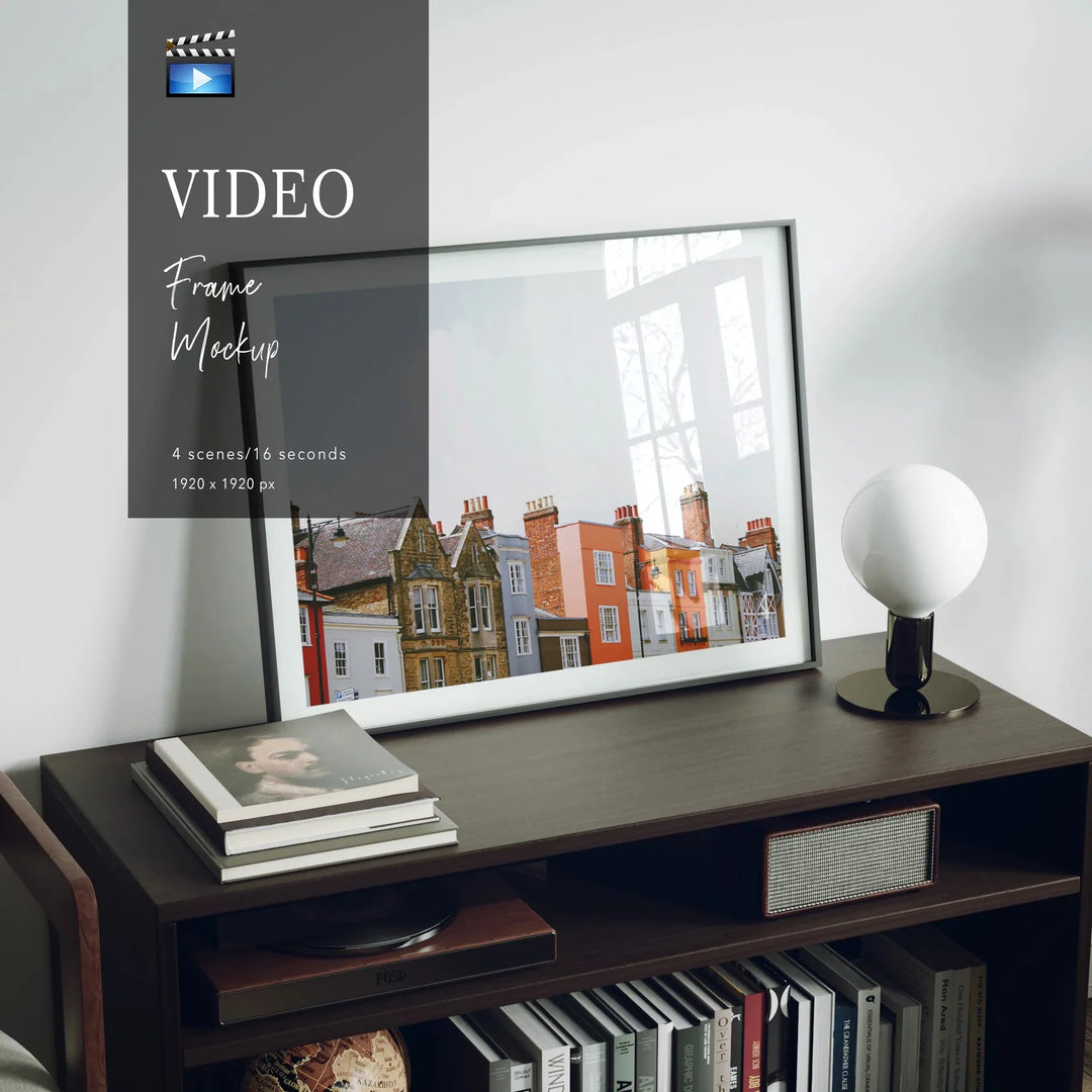 Animated Video Black Frame Mockup | Horizontal 14x11 Ratio | 4 Scenes Interior Mockup Video