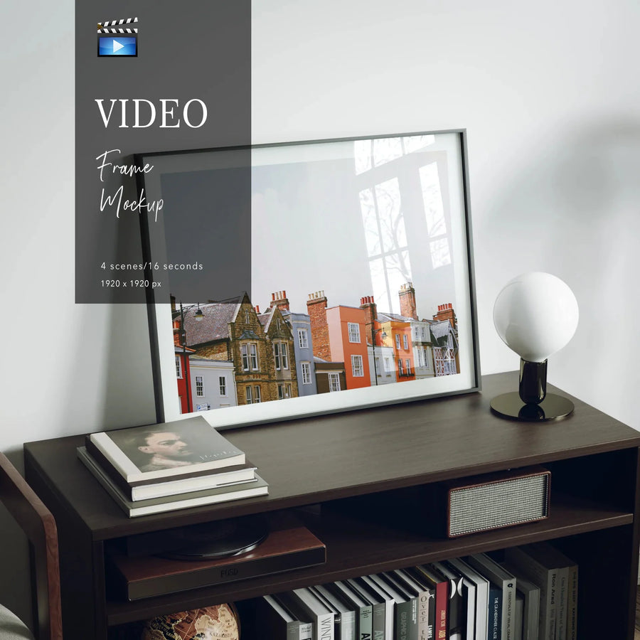Animated Video Black Frame Mockup | Horizontal 14x11 Ratio | 4 Scenes Interior Mockup Video