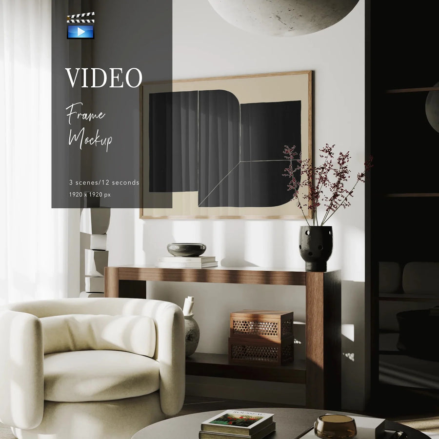 Animated Video Wood Frame Mockup | Horizontal 4x3 Ratio | 3 Scenes Interior Mockup Video