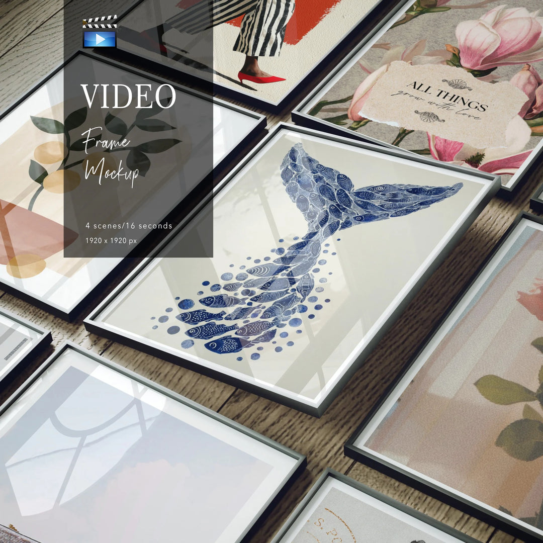 Animated Video Black Frame Set Mockup | Vertical 3x4 Ratio | 4 Scenes Gallery Mockup Video