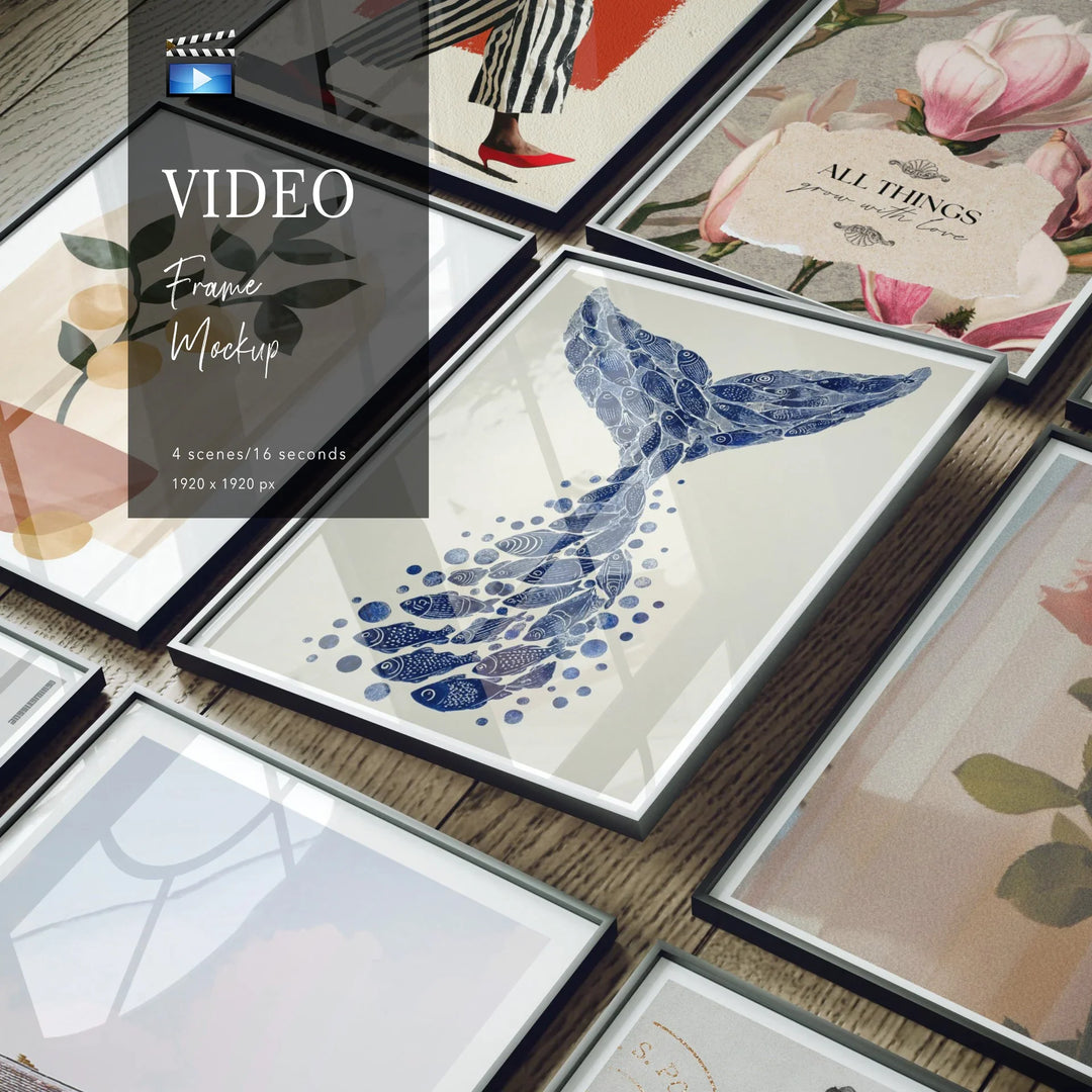 Animated Video Black Frame Set Mockup | Vertical 3x4 Ratio | 4 Scenes Gallery Mockup Video