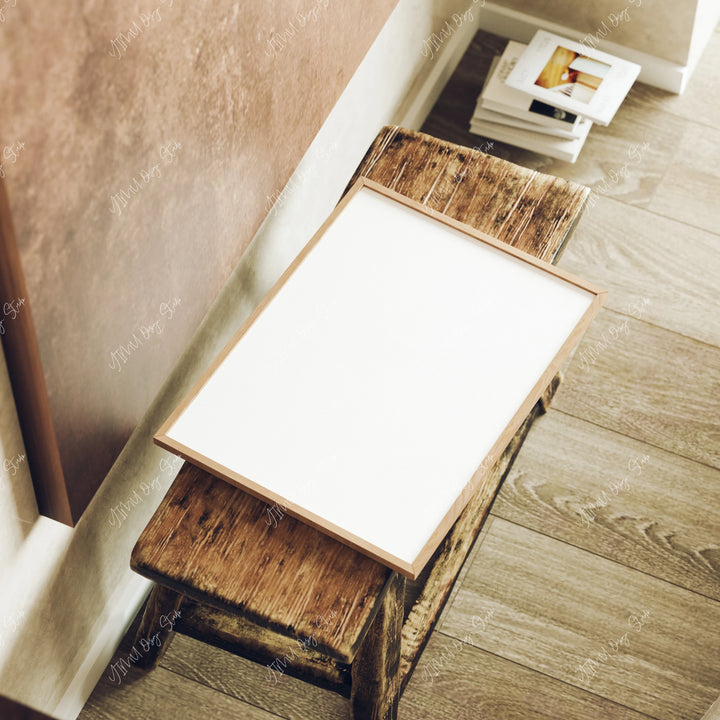 Wood Frame Mockup, Living Room Art, 3x4 Ratio Poster Template (Digital Download)